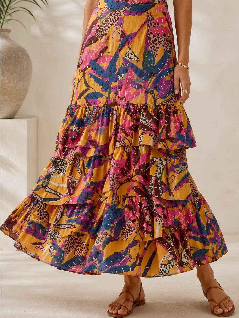 Oliphant Tiered Maxi Skirt Size M Mustard Giraffe Safari Tropical Cotton